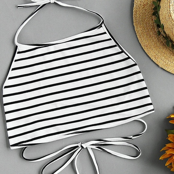 Tops - Black and White Striped Halter Crop Top